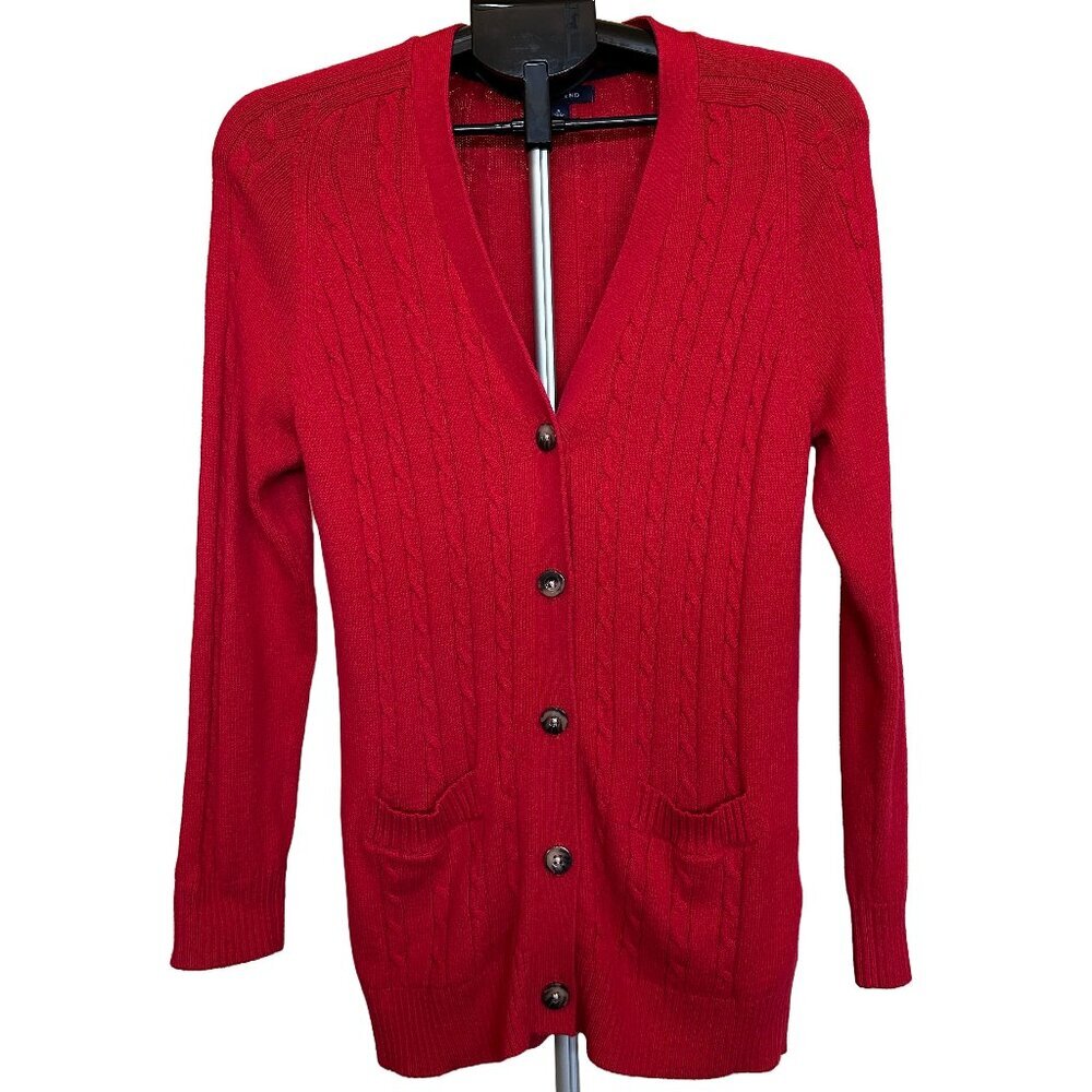 Lands' End Cable Knit Cardigan with Front Pockets, Red, Size Small (6-8)